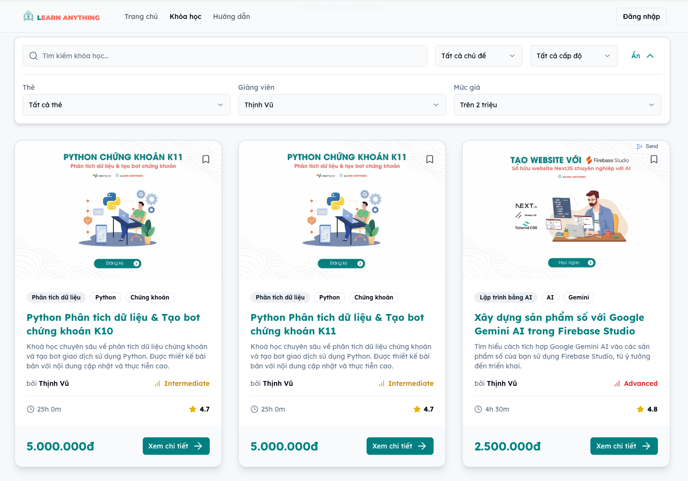 Hình ảnh minh họa trang khóa học với các bộ lọc